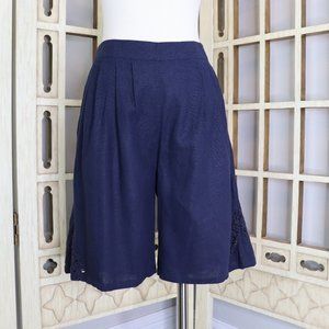 Valerie Stevens Navy High Waist Linen Blend Lace Dressy Mom Shorts [6] New
